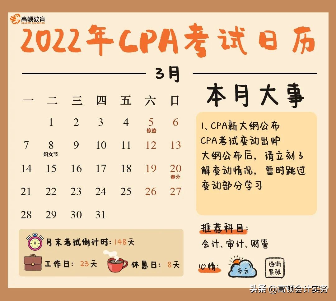 每月“CPA大事件”，2022年CPA考试全年时间表出炉啦，赶紧收藏吧