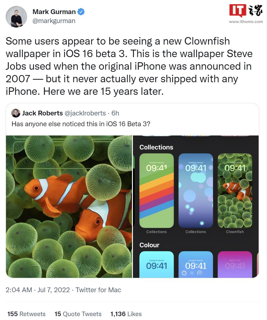 苹果iOS 16 Beta3上线小丑鱼壁纸，乔布斯发布初代iPhone时曾使用