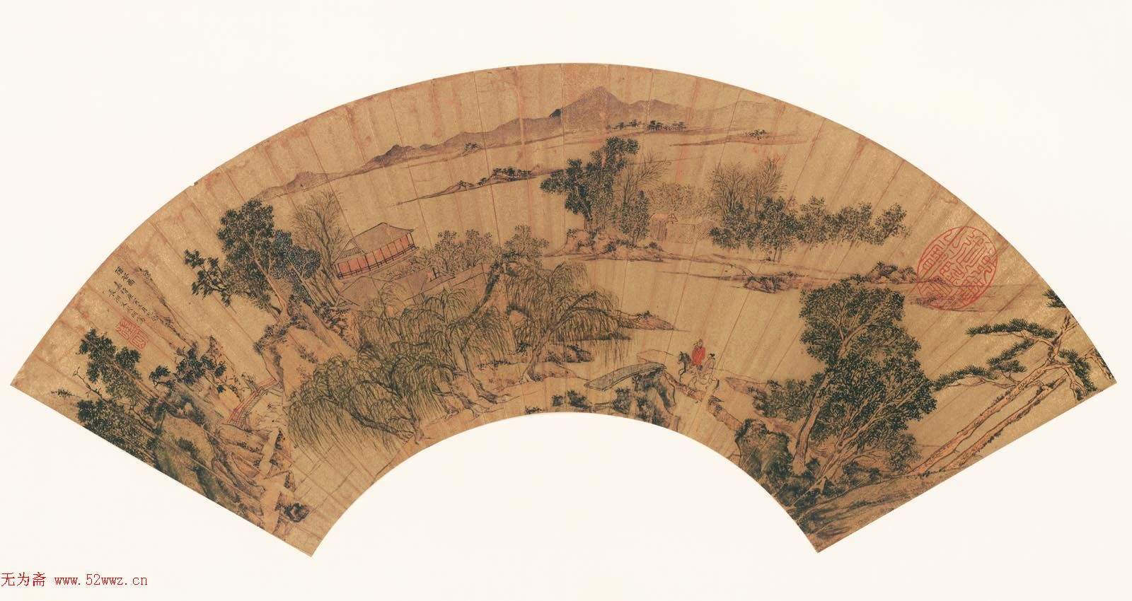 山重峦复，松柏耸立.衡山居士国画扇面图