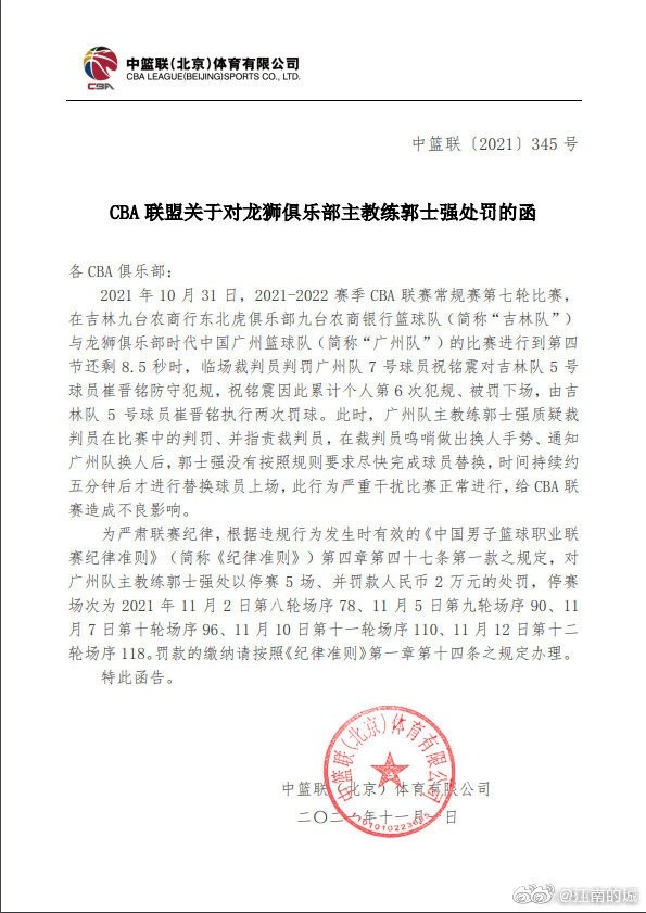 篮球比赛犯规多少次下场(官方：郭士强质疑 指责裁判、严重干扰比赛 被停赛5场罚款2万)