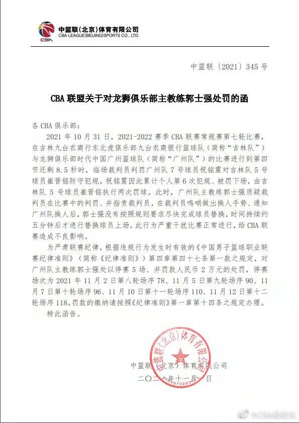 篮球比赛中犯规多少次罚下场(CBA | 郭士强因严重干扰比赛被禁赛5场罚款2万)