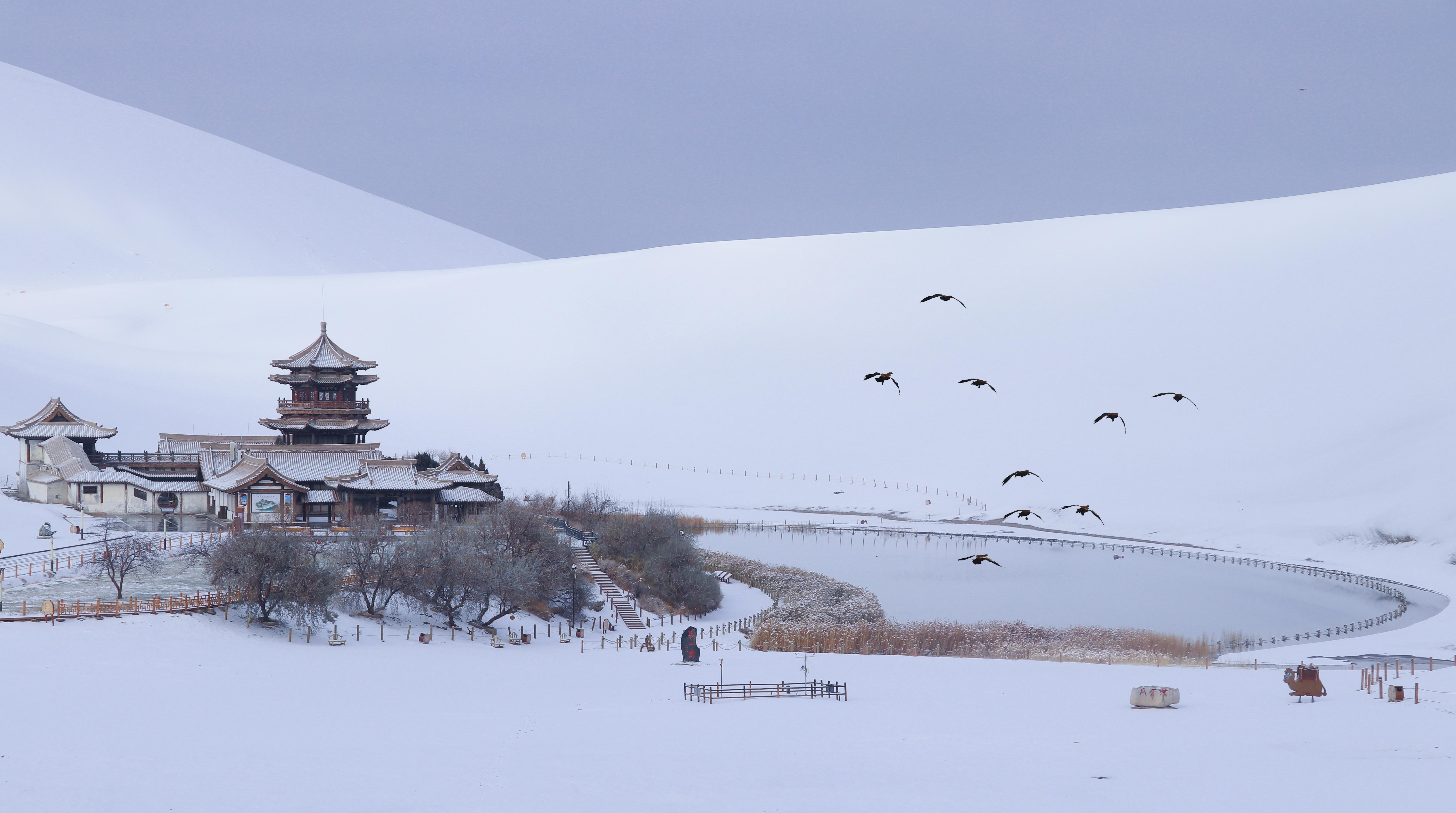 雪落敦煌 沙雪交融 那只属于冬日沙漠的诗情画意