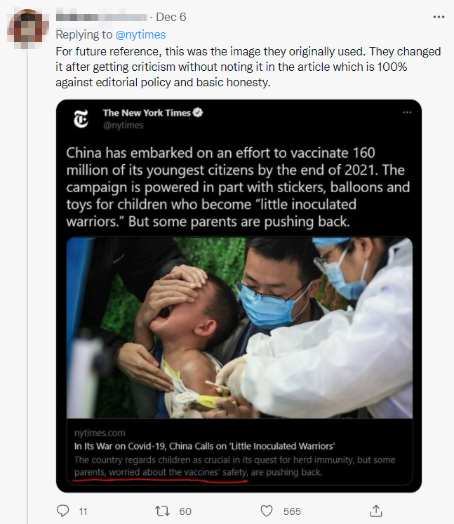 《纽约时报》发了张中国孩子打疫苗的照片，被美国网民骂到删图
