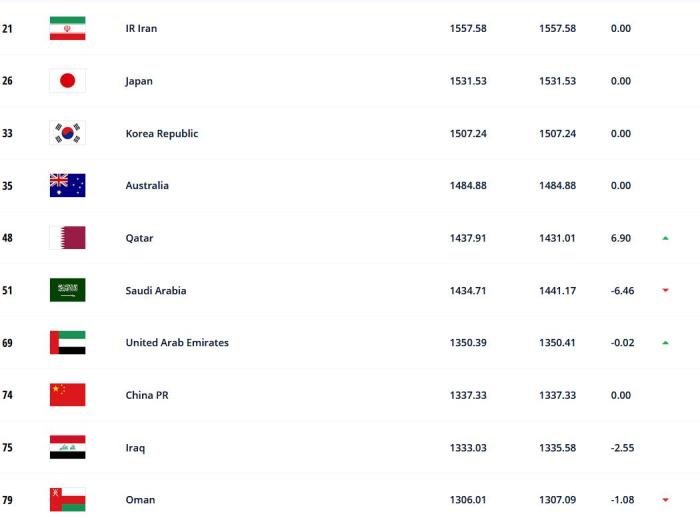 中国世界杯亚洲排名第9(FIFA年终排名：国足位列世界第74、亚洲第8)