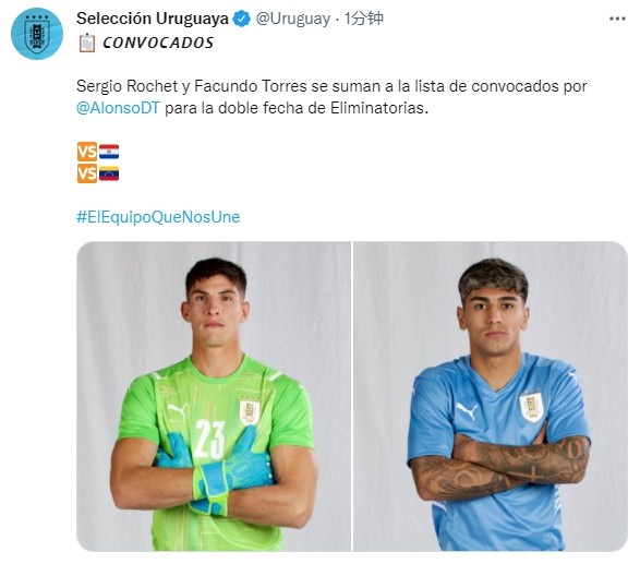 官方：乌拉圭国家队补招罗切特和法昆多-托雷斯