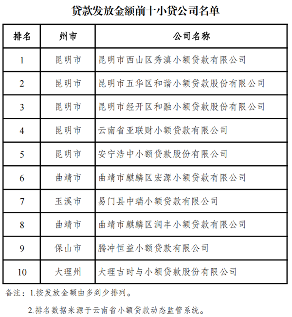 云南省小额贷款公司2021年各项指标前十排名发布