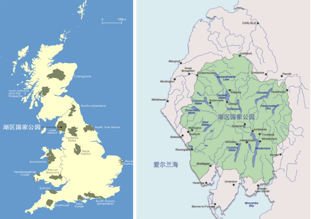 湖区在英国的位置以及主要城镇和湖泊示意图来源:wwwlakedistricts