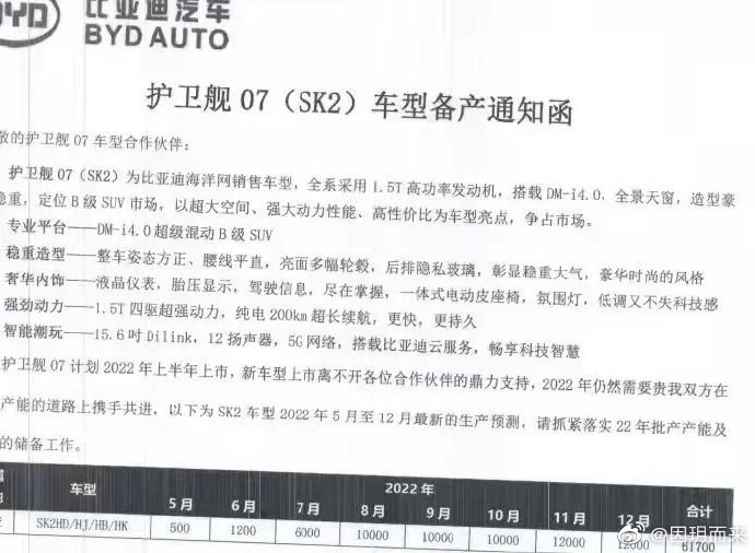 比亚迪护卫舰 07 信息曝光 计划今年上半年上市
