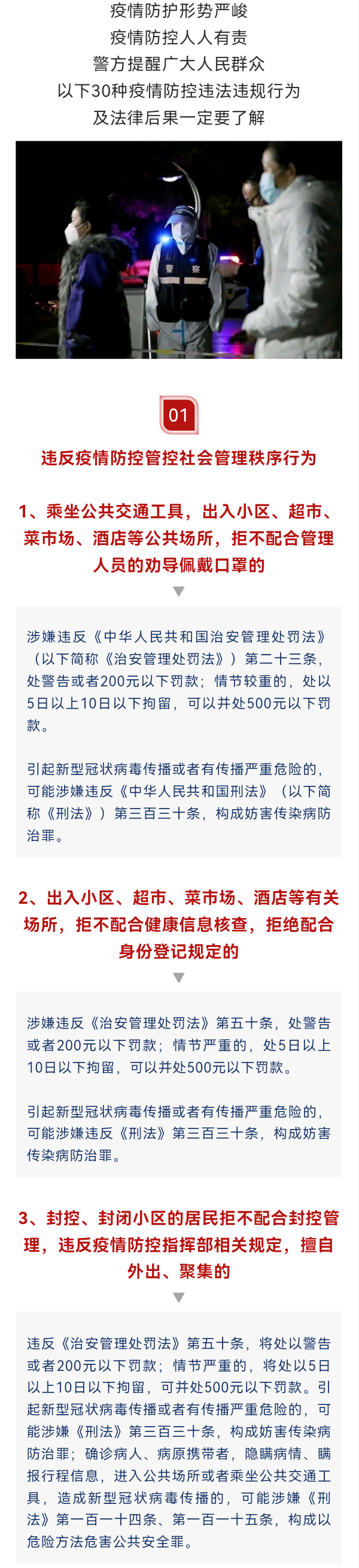 公安提醒：近期疫情形势严峻，30种疫情防控违法违规行为及法律后果！请转发扩散！