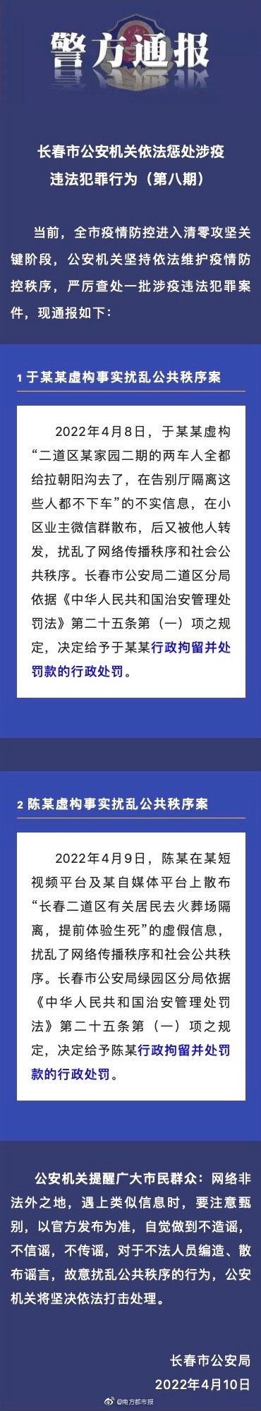 二人造谣“长春殡仪馆作隔离场所”，警方通报：行拘