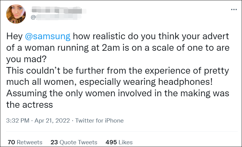 发布女性凌晨2点独自跑步广告被批“不切实际”，三星道歉