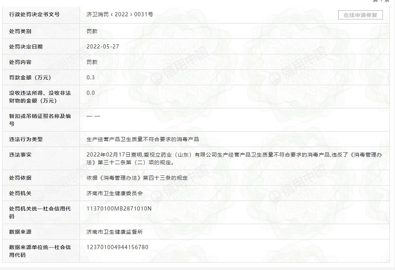 生產經營消毒產品不合格 愛視立藥業（山東）有限公司被罰3000元