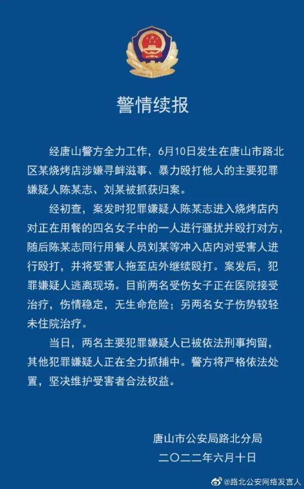 烧烤店打人事件连夜抓获5人！唐山：从严从快依法严惩