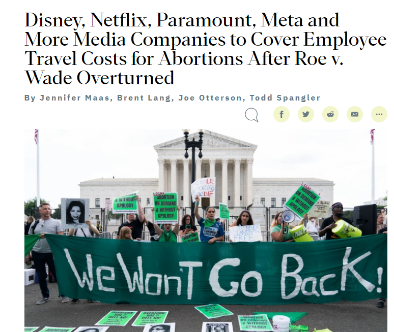 美国“罗诉韦德案”判决被推翻后	，迪士尼、网飞、Meta：报销员工异地堕胎差旅费