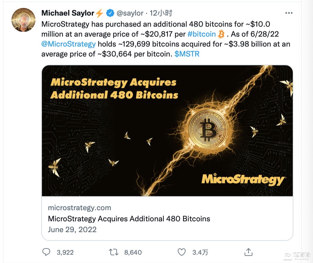 「链得得独家」机构投资者在抄底？MicroStrategy寒冬之下增持1000万美元比特币