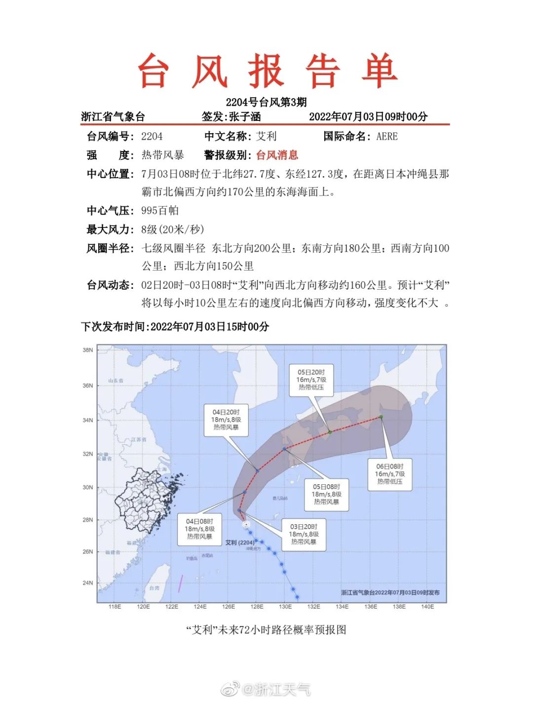 台风“艾利”今晨已进入东海海面，未来3天浙江天气如何？