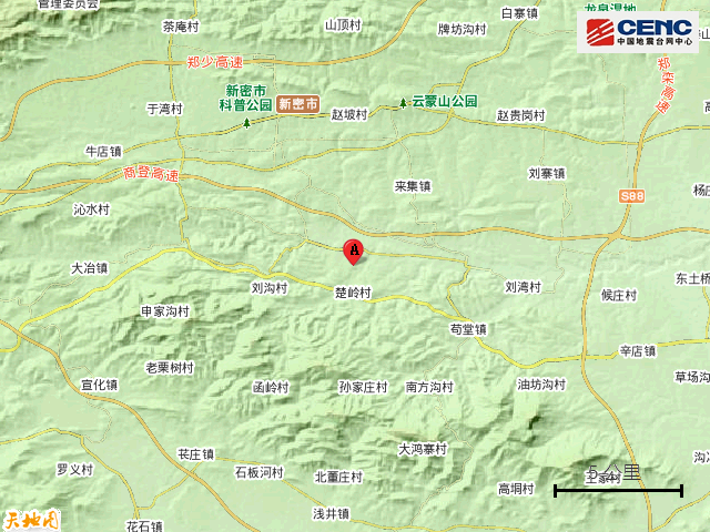 河南郑州市新密市附近发生3.4级左右地震