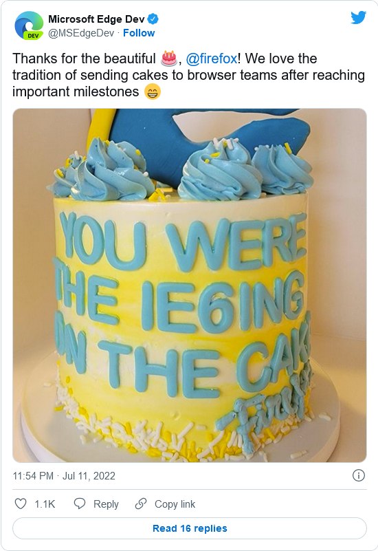 多年后，微软Internet Explorer团队收到来自Mozilla的谢幕祝贺蛋糕