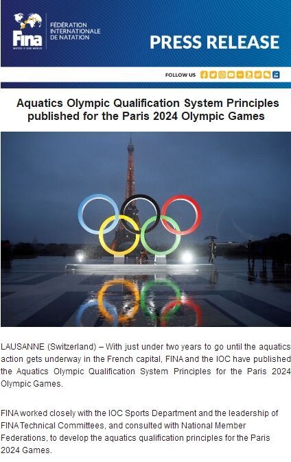 奥运游泳比赛(国际泳联公布巴黎奥运会游泳项目资格选拔体系)