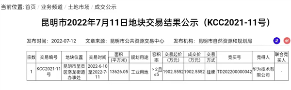 华为斥资1900万在昆明拿20亩地