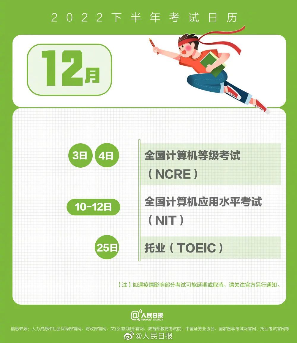 2022年下半年考试日历来了，请收藏