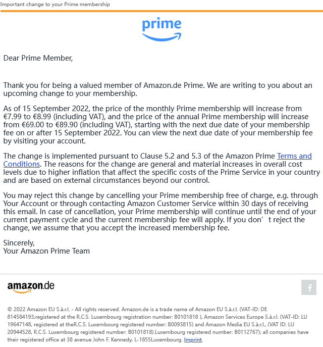 亚马逊发信通知用户9月起Prime服务每月多收1英镑/欧元