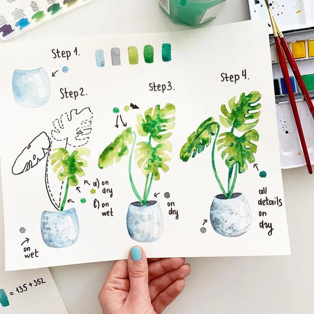 676767她的作品大都是植物,动物和水果简单清新的水彩教程