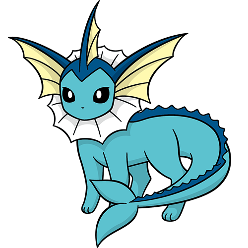 水伊布的身体是蓝色的,颈部上有白色条纹一样的鱼鳍,还有三个深蓝色