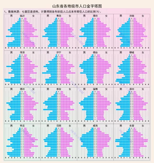 山东各市人口现状，山东16市，人口金字塔图